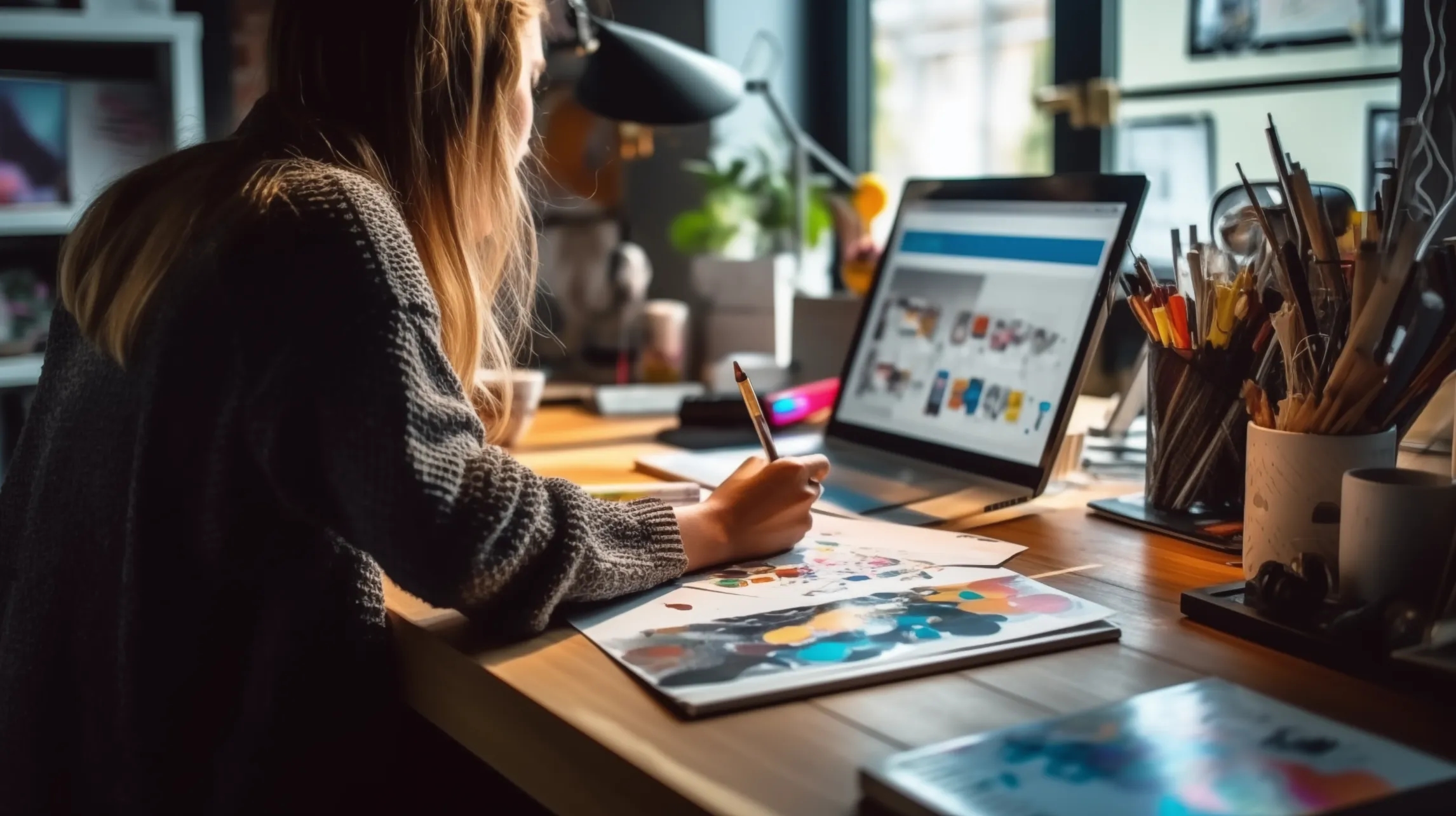 Emble webdesign specialist bekijkt Drupal-ontwerp op laptop tijdens ontwerpproces